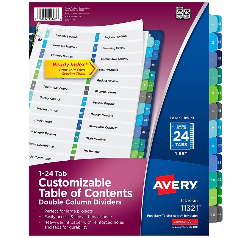 Avery Ready Index Table of Contents Pre-Printed Numeric Paper Dividers, 1-24 Tabs, Multicolor (11321) image 1
