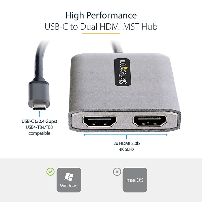 StarTech USB-C to Dual HDMI Video Adapter, Male to Female, 1ft