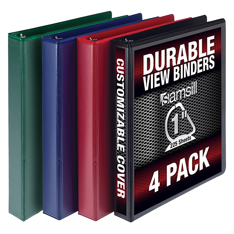 Samsill Durable 1" View Binders, D-Ring, Made in USA, Black, Blue, Red, Green, 4/Pack (MP46409) image 1