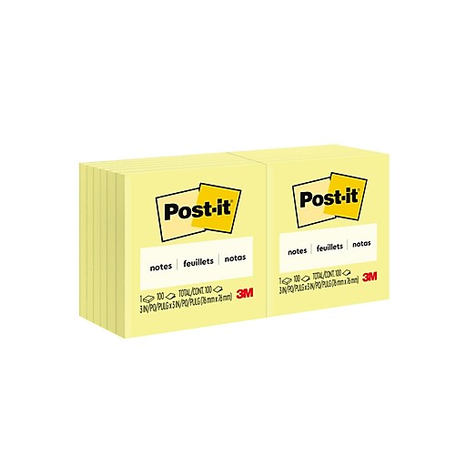 Post-it Notes, 3 x 3, Canary Collection, 100 Sheet/Pad, 12 Pads/Pack  (654-12YW)