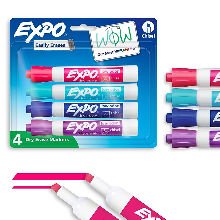 Expo Low Odor Dry-Erase Marker, Assorted Colors, Chisel Tip, 4