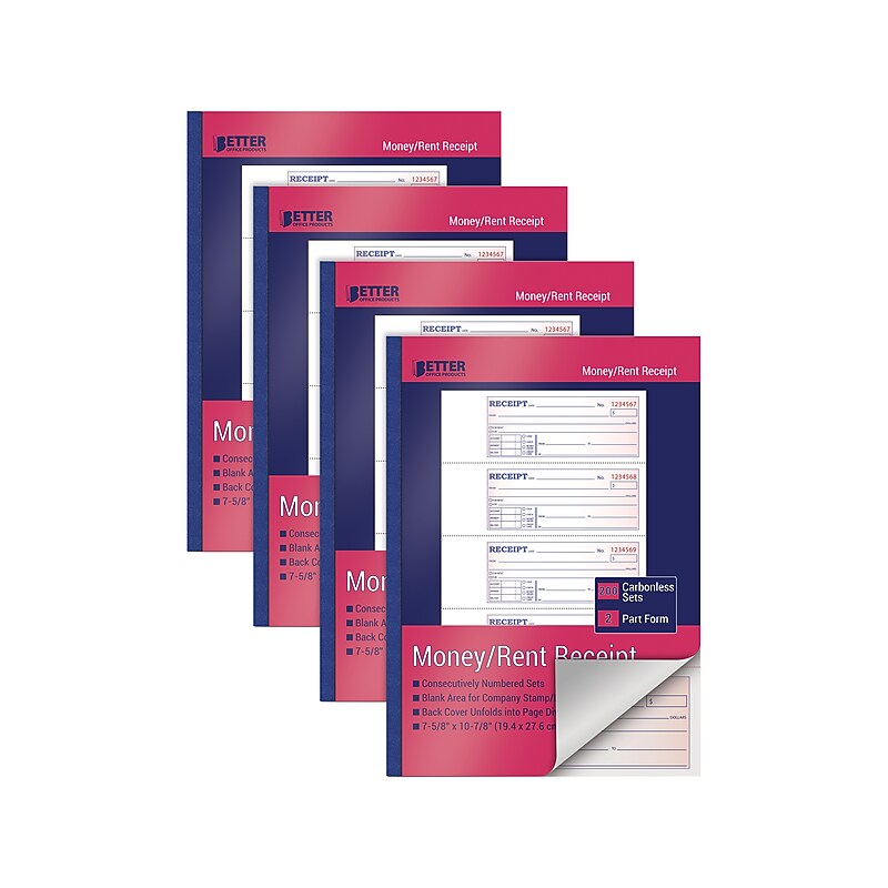 Better Office 2-Part Carbonless Money/Rent Receipt Book, 7.63" x 10.88", 200 Sets/Book, 4 Books/Pack (66204-4PK) image 1