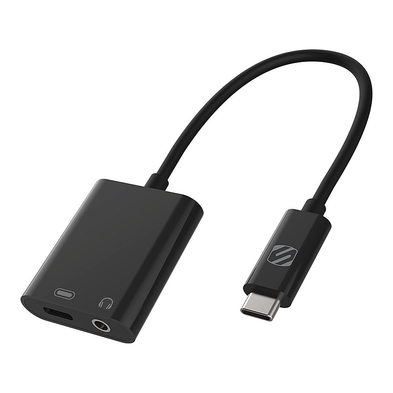scosche strikeLINE USB-C to 3.5mm/USB-C Audio Adapter, Male to Female/Female, Black (CAAP-SP) image 1