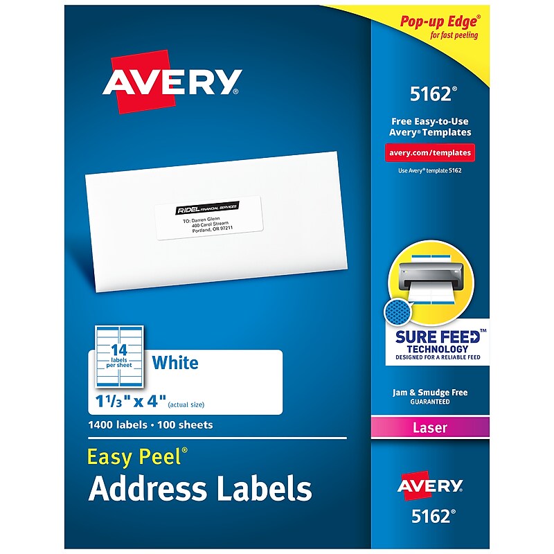Avery Easy Peel Laser Address Labels, 1-1/3" x 4", White, 1,400 Labels/Box (5162) image 1