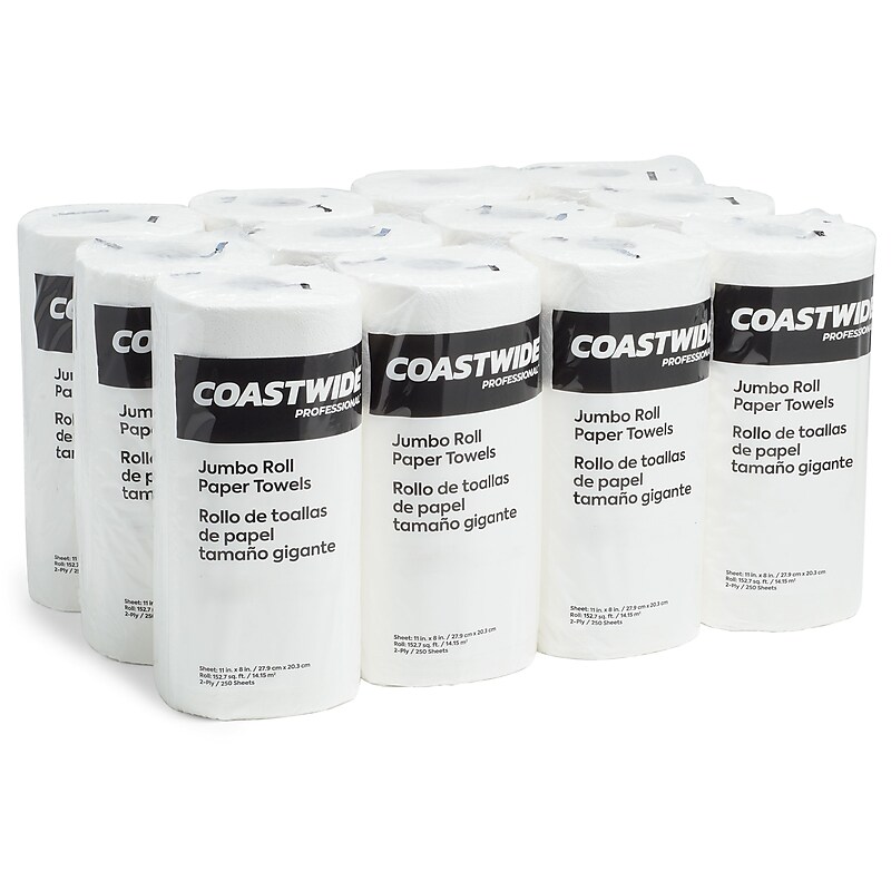Coastwide Professional Jumbo Kitchen Rolls Paper Towel, 2-Ply, White, 250 Sheets/Roll, 12 Rolls/Carton (CW21806) image 1