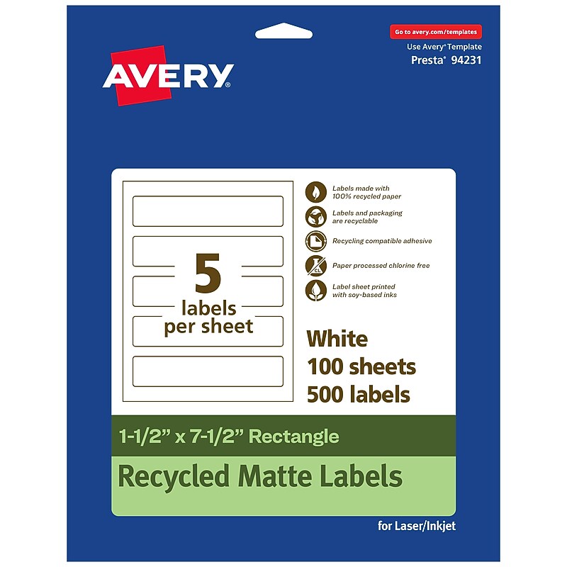 Avery EcoFriendly Laser/Inkjet Rectangle Multipurpose Labels, 1-1/2" x 7-1/2", White, 500/Box (94231) image 1