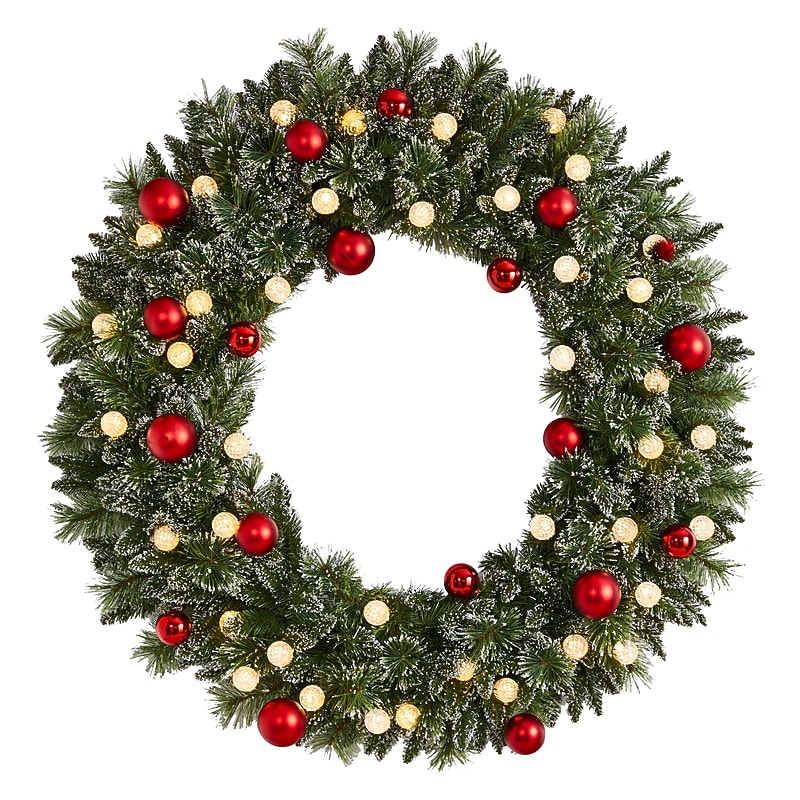 Nearly Natural 4' Oversized Pre-Lit Frosted Holiday Christmas Wreath with Ornaments and 40 LED Globe Lights (W1275) image 1