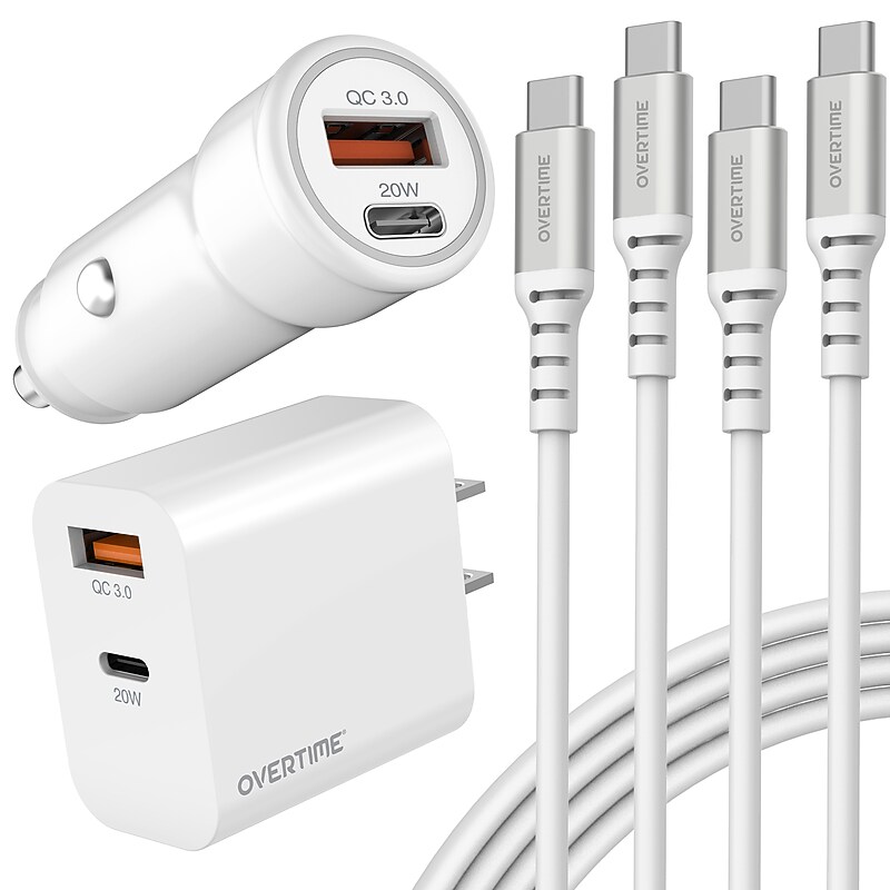 Overtime 38W Wall Charger and Car Charger with Two 6-Foot USB-C to USB-C Cables Bundle, White (OHC6TCX2) image 1