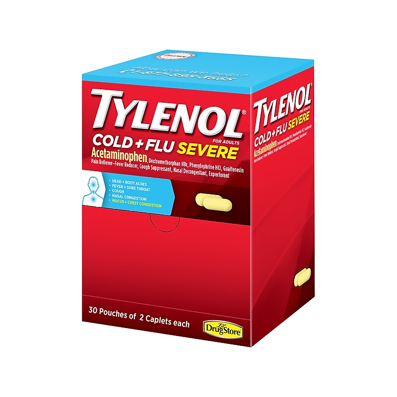 Tylenol Cold + Flu Severe Caplets, 2/Pouch, 30 Pouches/Box (64568) image 1