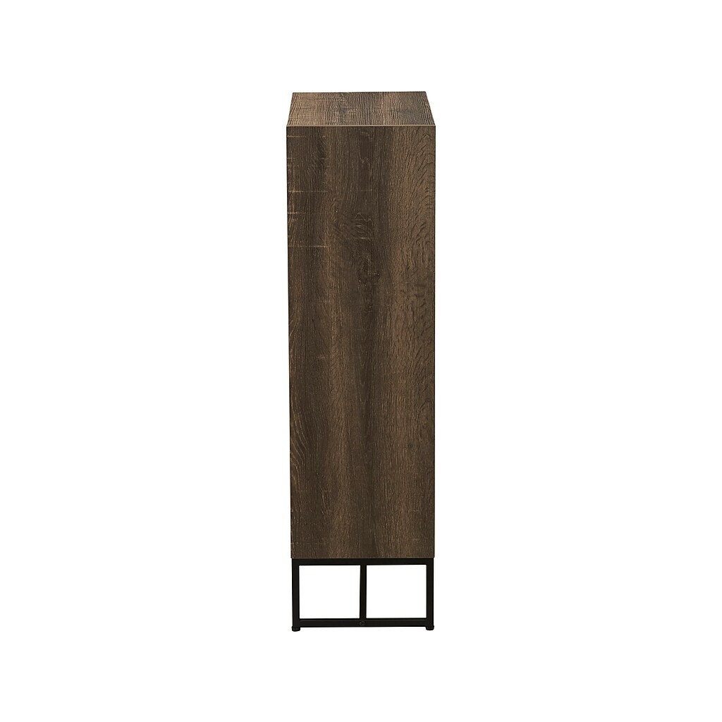 Vertical side view of bookshelf showing wood panels