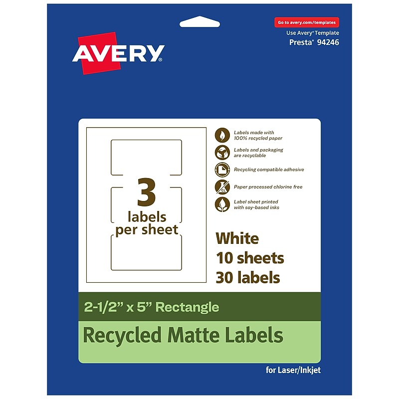 Avery EcoFriendly Laser/Inkjet Rectangle Multipurpose Labels, 2-1/2" x 5", White, 30/Pack (94246) image 1