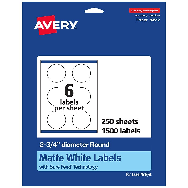 Avery Laser/Inkjet Round Multipurpose Labels, 2.75"  Dia, Matte White, 1500/Box (94512) image 1