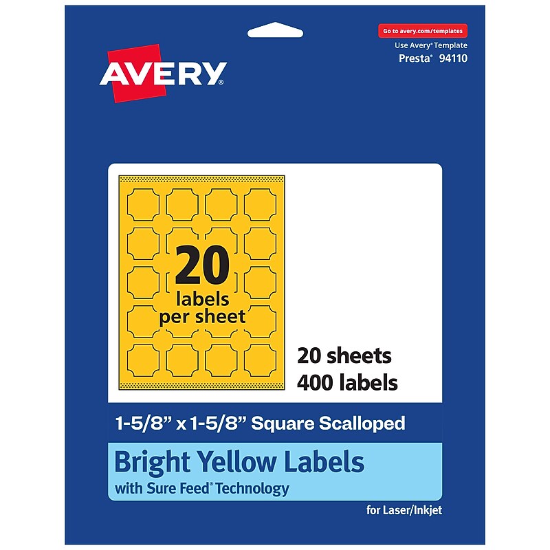 Avery Square Scalloped Laser/Inkjet Multipurpose Labels, 1-5/8" x 1-5/8", Bright Yellow (400/Pack) image 1
