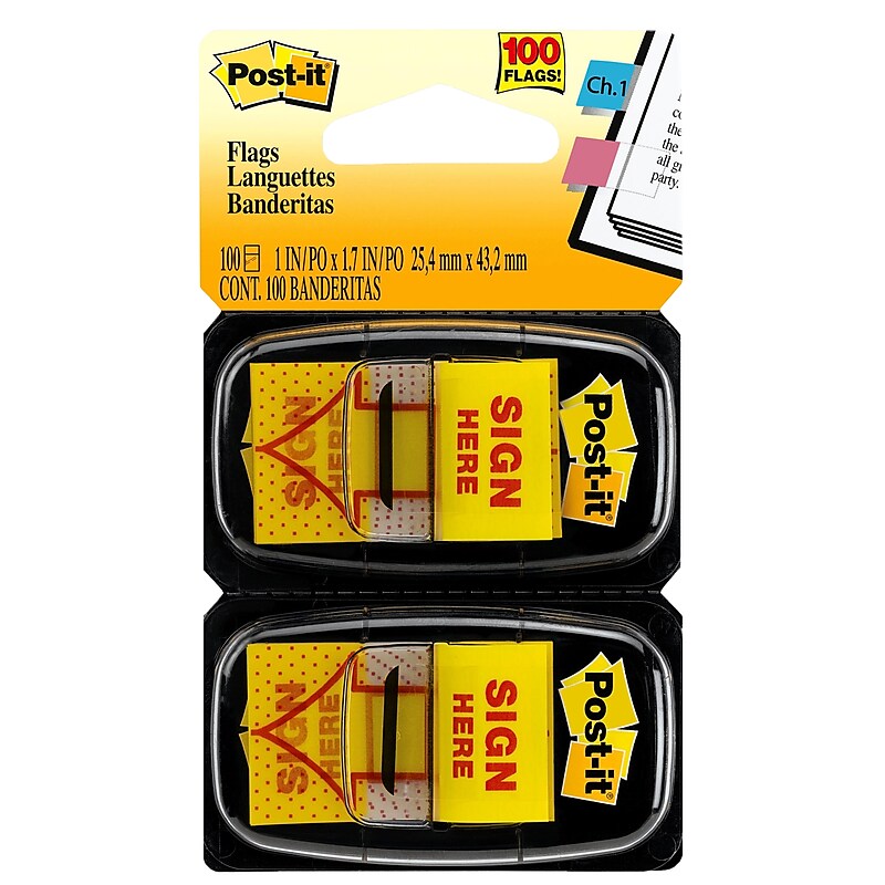 Post-it 'Sign Here' Message Flags, 1" Wide, Yellow, 100 Flags/Pack (680-SH2) image 1