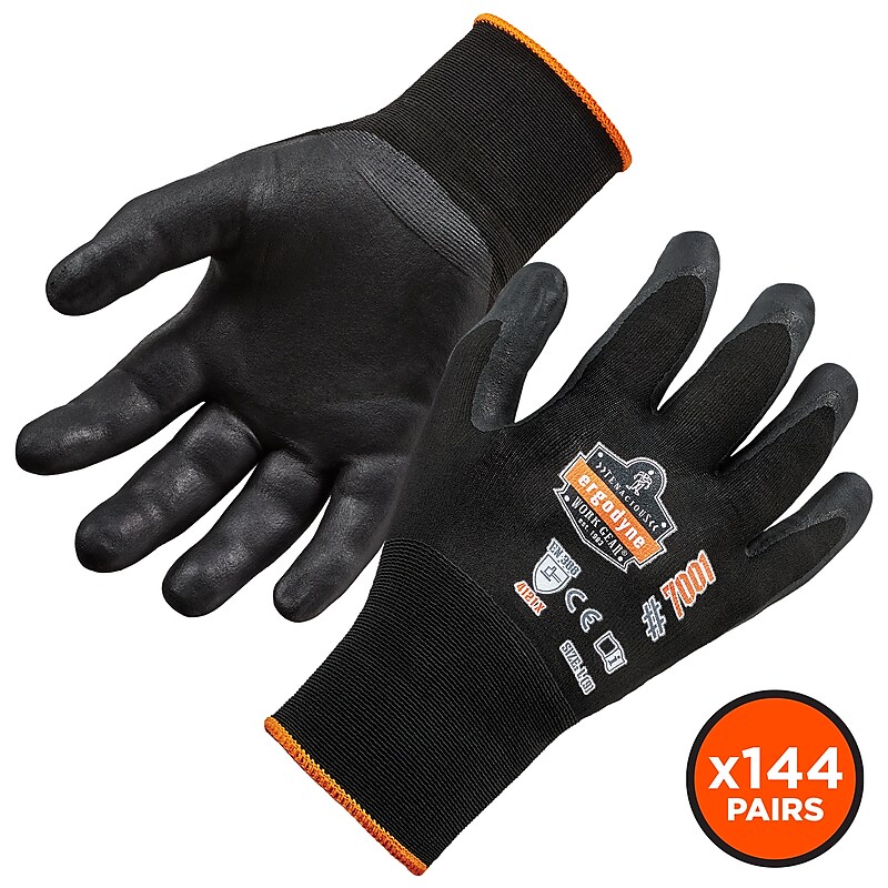 Ergodyne ProFlex 7001 Nitrile Coated Gloves, ANSI Level 3 Abrasion Resistance, Black, Large, 144 Pairs (17854) image 1