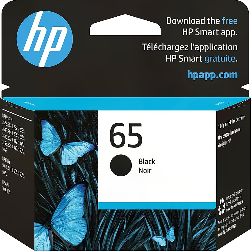 HP 65 Black Standard Yield Ink Cartridge, Prints Up to 120 Pages (N9K02AN#140) image 1