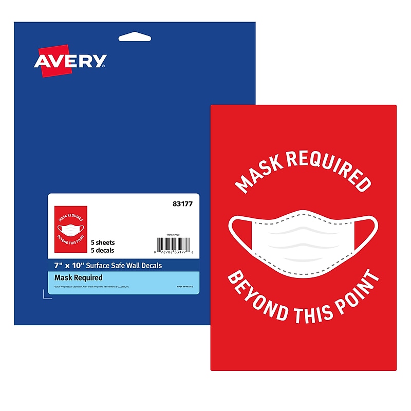 Avery Surface Safe "Mask Required Beyond This Point" Preprinted Wall Decals, 7" x 10", Red/White, 5 Pack (83177) image 1
