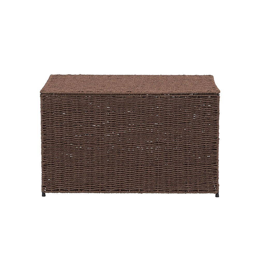 Front view of brown wicker storage chest with flat top
