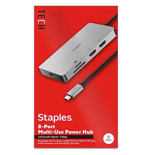 Staples TECH 8-Port Hub, Gray (ST62383) | Staples