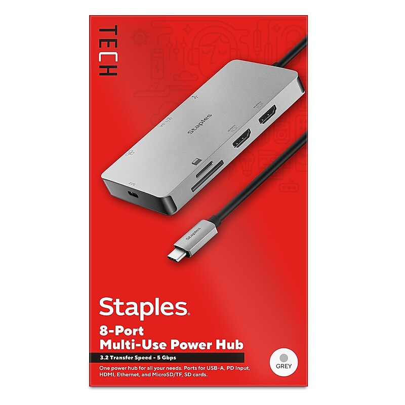Staples TECH 8-Port Hub, Gray (ST62383) image 1