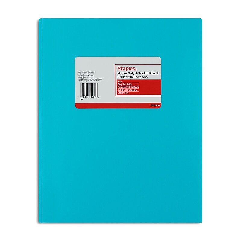 Staples Matte 2-Pocket Plastic Portfolio Folder with Fasteners, Teal (55478) image 1