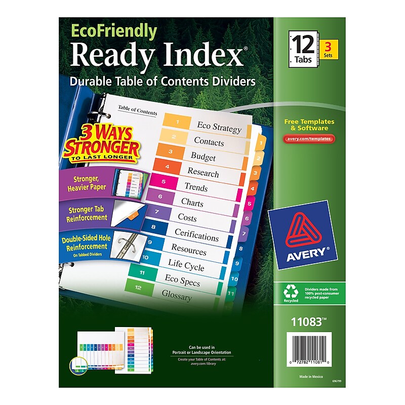 Avery Ready Index Table of Contents EcoFriendly Paper Dividers, 1-12 Tabs, Multicolor, 3 Sets/Pack (11083) image 1