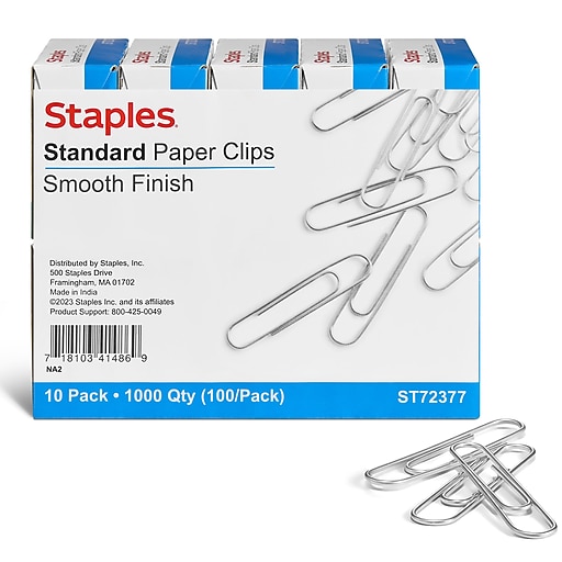 Staples Smooth Standard Paper Clips, Silver, 100 Clips/Pack, 10