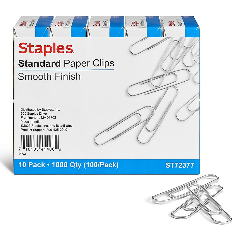 Staples Smooth Paper Clips, Silver, 100 Clips/Pack, 10/Pack (A7026607/72377) image 1