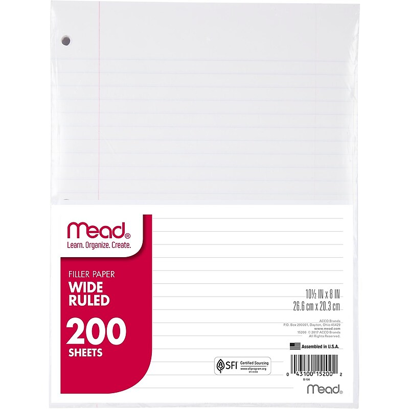 Mead Wide Ruled Filler Paper, 8" x 10.5", 3-Hole Punched, 200 Sheets/Pack (15200) image 1