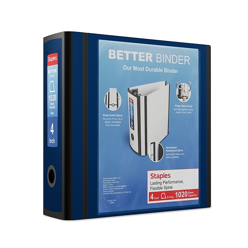Staples Heavy Duty 4" 3-Ring Better Binder, D-Ring, Blue (ST55816-CC) image 1