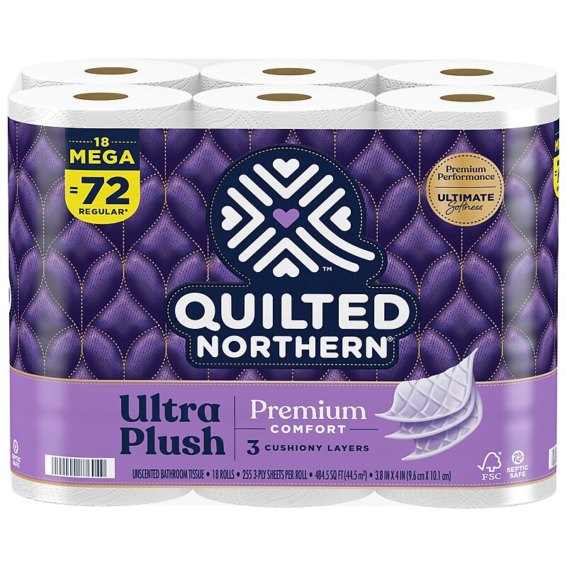 Quilted Northern Ultra Plush Toilet Paper, 3-ply, White, 255 Sheets/Roll, 18 Rolls/Case (876045/874685) image 1