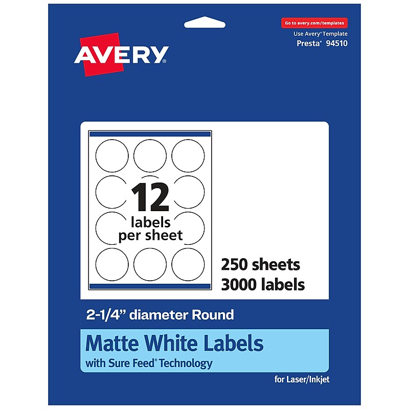 Avery Laser/Inkjet Round Multipurpose Labels, 2.25" Dia., White, 3000 Labels/Box (94510) image 1