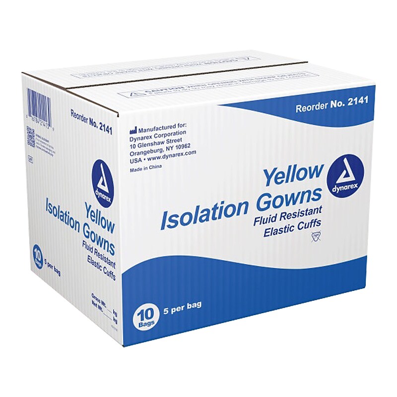 Dynarex Unisex Polypropylene Isolation Gown, Yellow, Universal, 5/Pouch, 10 Pouches/Pack (2141) image 1