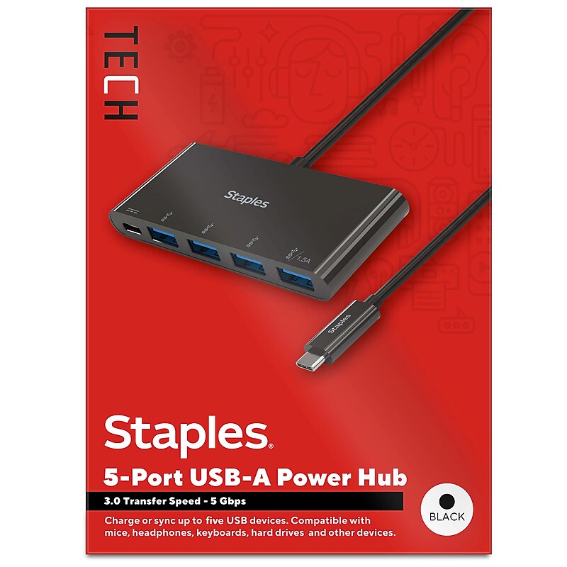 Staples TECH 5-Port USB 3.0 Hub, Black (ST62372) image 1