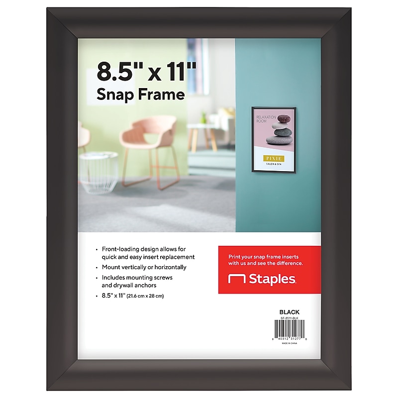 Staples Snap Frame Poster Holder, 8.5" x 11", Wall Mounted, Black Metal (SF-8511-BLK) image 1