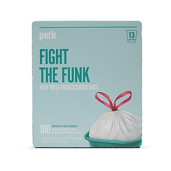 Perk 13 Gallon Kitchen Trash Bag, 0.9 Mil, White, 100 Bags/Box (PK56751)