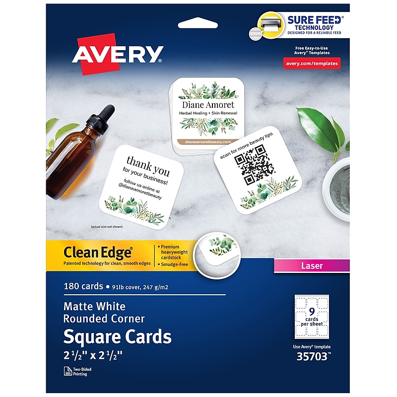 Avery Clean Edge Laser Square Cards with Rounded Corners, 2 1/2" x 2 1/2", White, 20 Sheets/Pack, 180 Cards/Pack (35703) image 1