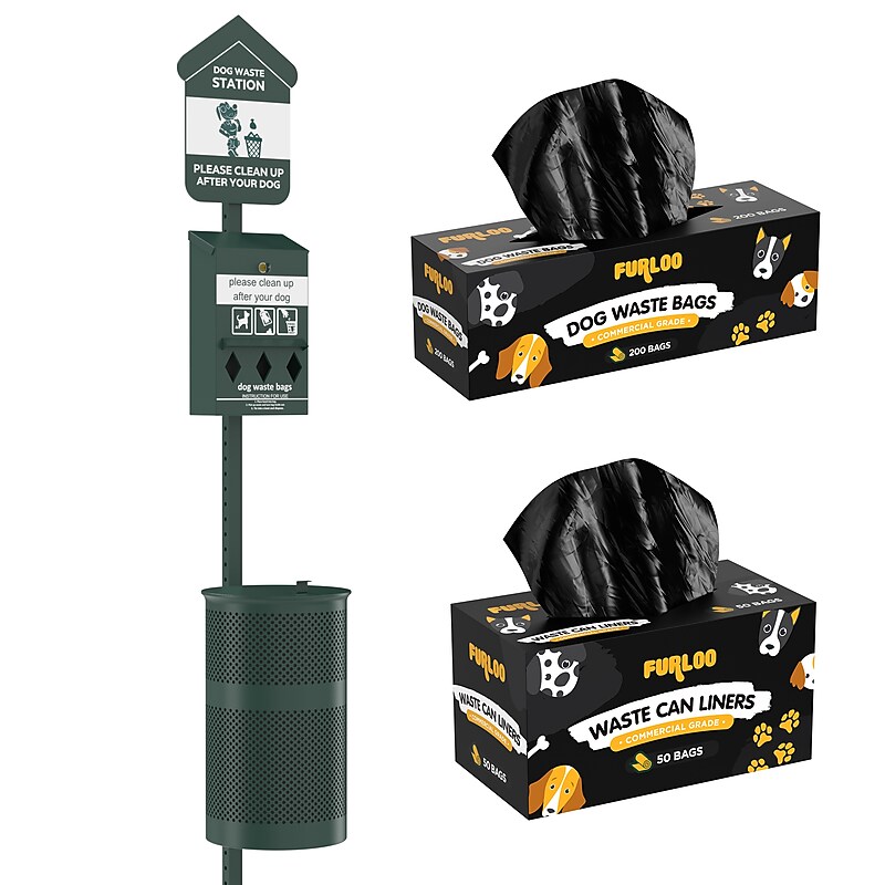 Furloo Steel Outdoor Pet Waste Station Kit with Roll Bag Dispenser, 11.5 Gallon, Green (FLO1R-S-G-B) image 1