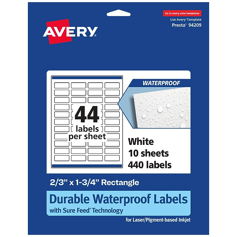 Avery Laser/Inkjet Rectangle Waterproof Multipurpose Labels, 1.75"  x 0.6667", White, 440/Pack (94209) image 1