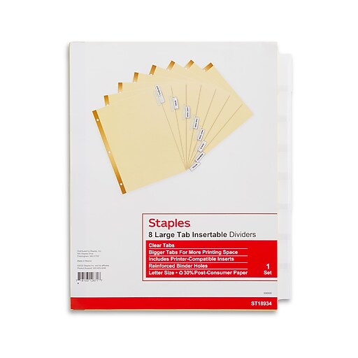 Staples Large Tab Insertable Dividers, 8Tab, Clear (18934/11112) Staples