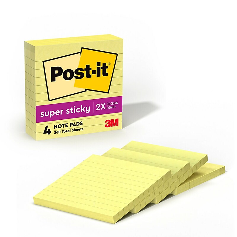 Post-it Super Sticky Notes, 4" x 4", Canary Collection, Lined, 90 Sheets/Pad, 4 Pads/Pack (675-4SSCY) image 1