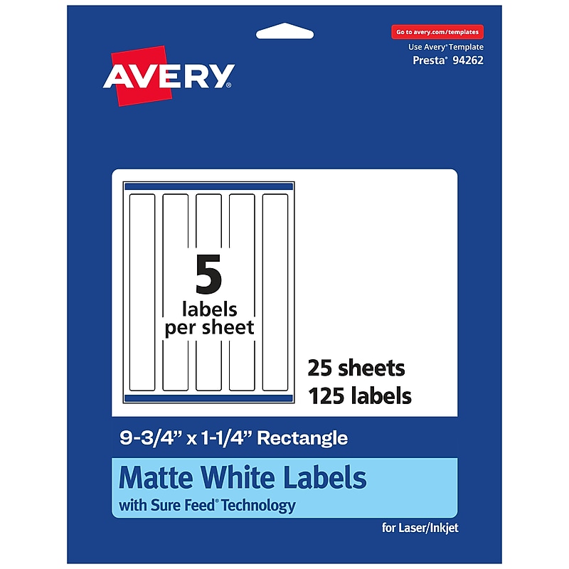 Avery Laser/Inkjet Multipurpose Rectangle Labels, 9.75" x 1.25", White, 125 Labels/Pack (94262) image 1