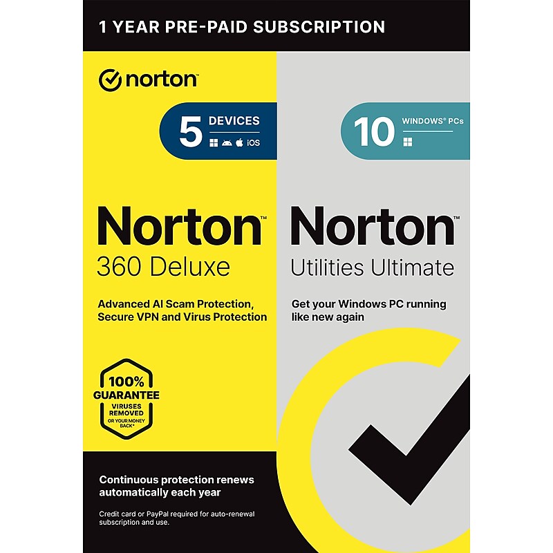 Norton 360 Deluxe for 5 Devices + Norton Utilities Ultimate Bundle, Advanced AI Scam Protection, VPN & Dark Web Monitoring image 1