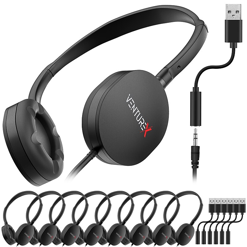 VentureX K22 Stereo Kids Learning Phone & Computer Headphone, 3.5mm & USB-A Adapter, Black, 50/Pack (VHPK22BD2M50) image 1