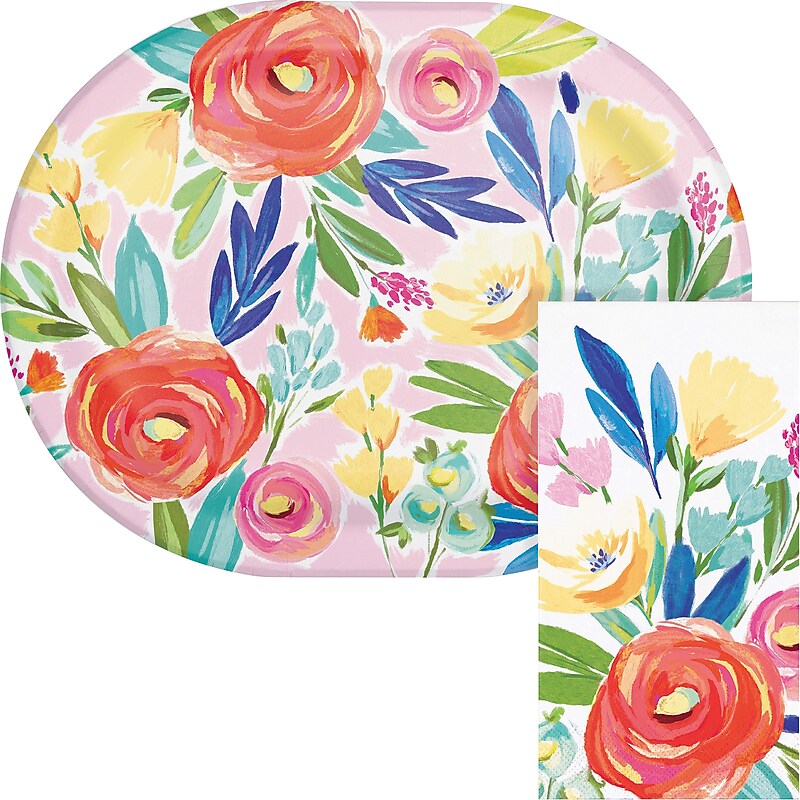 Say Hooray! Fragrant Florals Spring Oval Paper Plates and Dinner Napkins Set, 48/Pack (DTC9629E2H) image 1