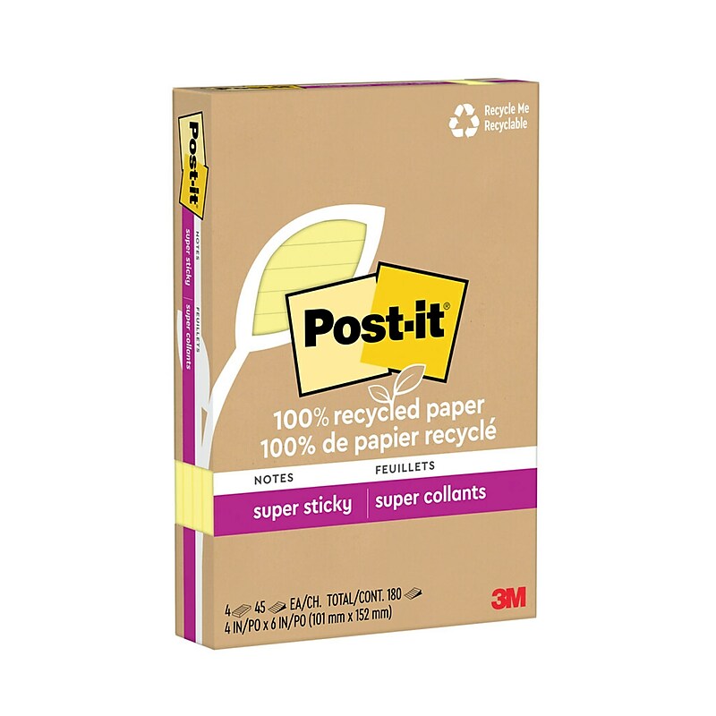 Post-it Recycled Super Sticky Notes, 4" x 6", Canary Collection, 45 Sheets/Pad, 4 Pads/Pack (4621R-4SSCY) image 1