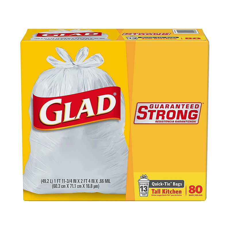 Glad Quick-Tie 13-Gallon Tall Kitchen Trash Bag, 23.75" x 28", 0.66 Mil, White, 80 Bags/Box (60034) image 1