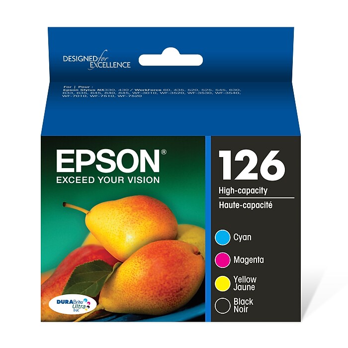 Epson T126 Black/Cyan/Magenta/Yellow High Yield Ink Cartridge, 4