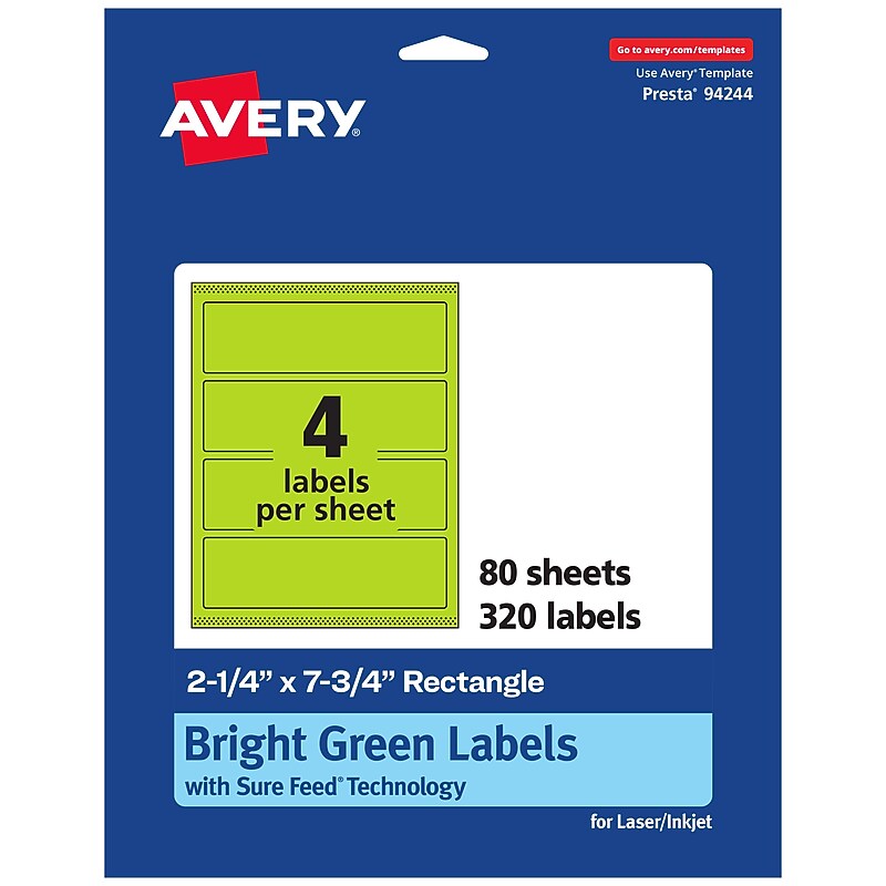 Avery Printable Rectangle Multipurpose Labels, 2.25" x 7.75", Bright Green, 320/Box (94244) image 1