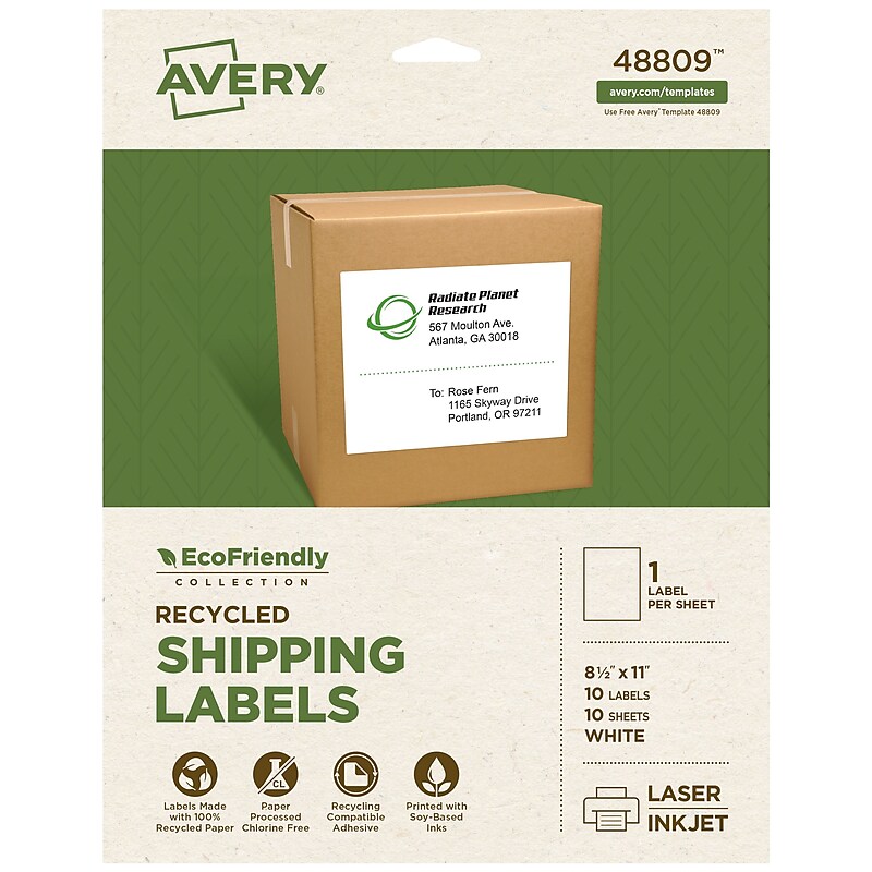 Avery EcoFriendly Laser/Inkjet Shipping Labels, Matte White, 8-1/2" X 11", 10 Labels/Pack (48809) image 1